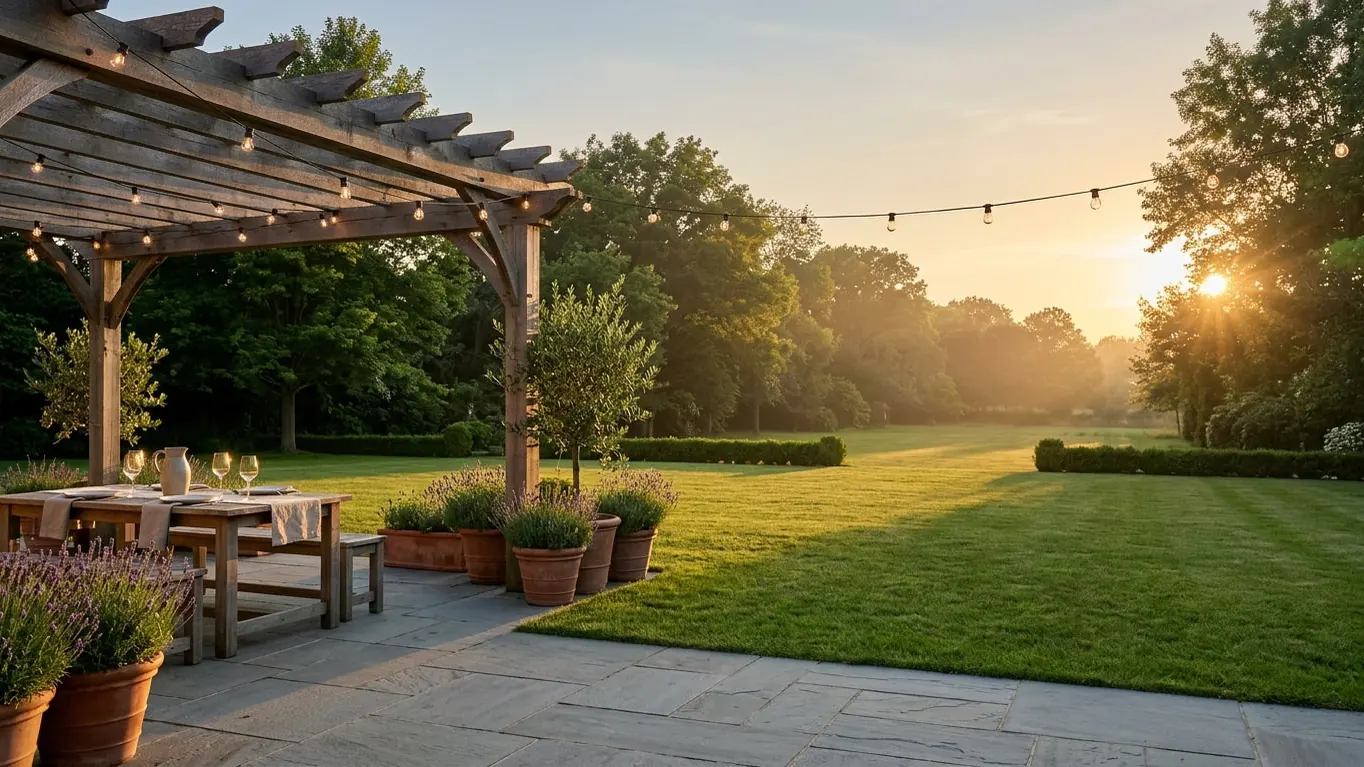 A pergola over a garden dining table at sunset, strung with lights.