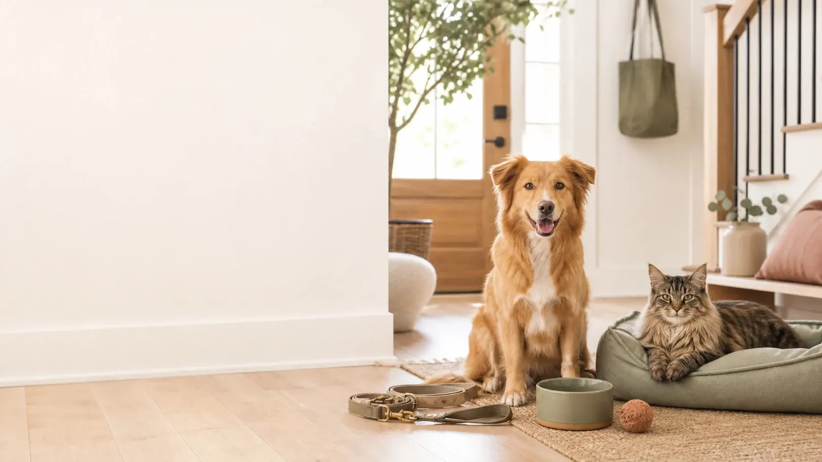 A dog and a cat resting among modern pet essentials in a bright home.